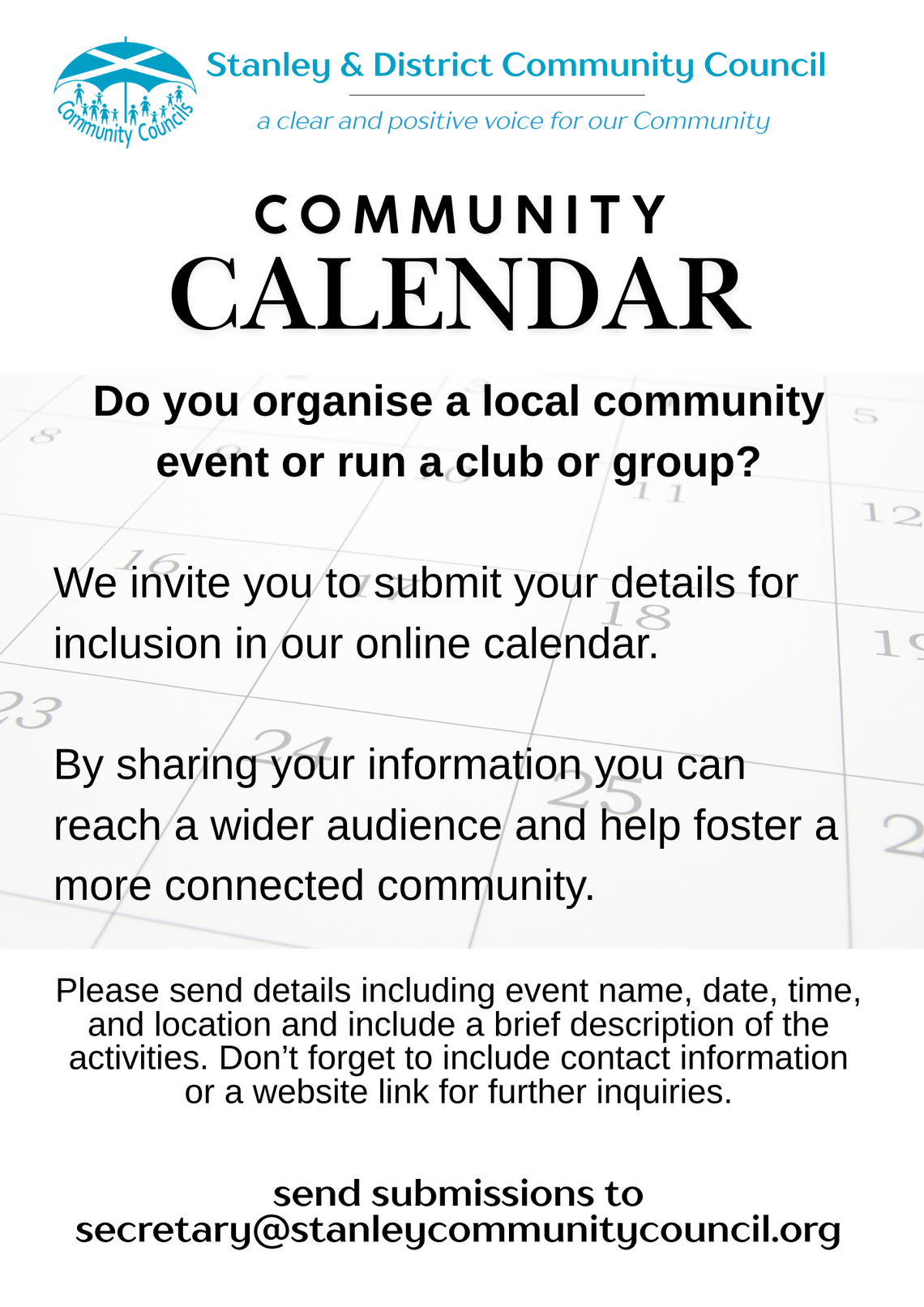 image detailing a request for submissions to our online calendar