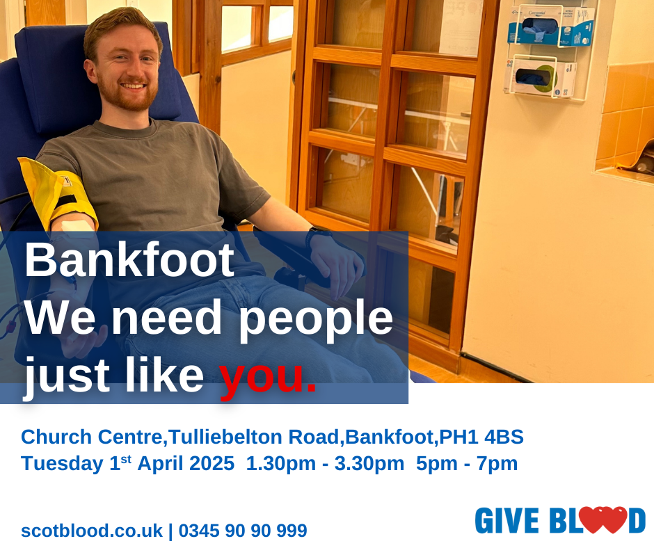 image promoting blood donor session 1st April 2025 in Bankfoot