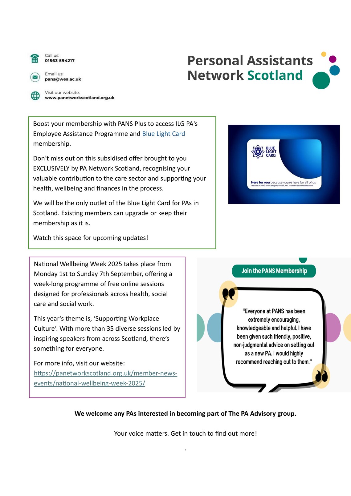 graphic of news on personal assistant network scotland