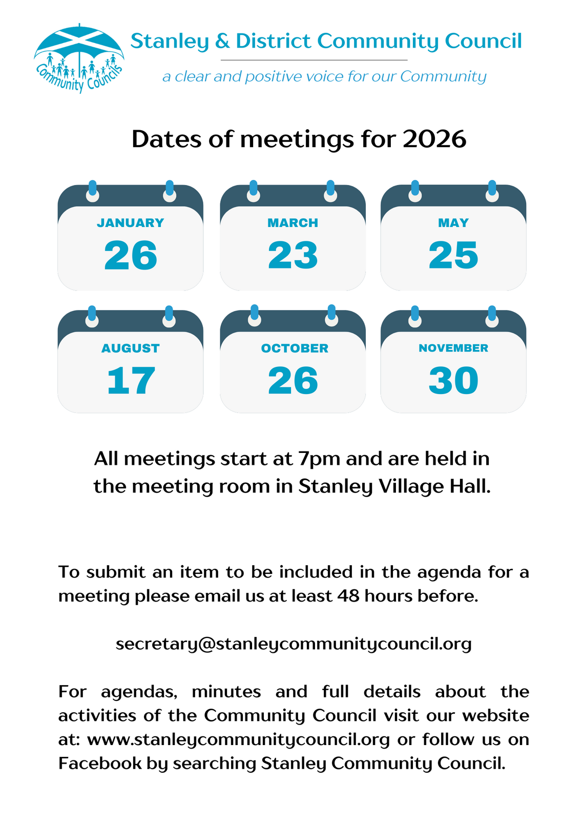 a graphic showing the dates of meetings of the Community Council in 2026