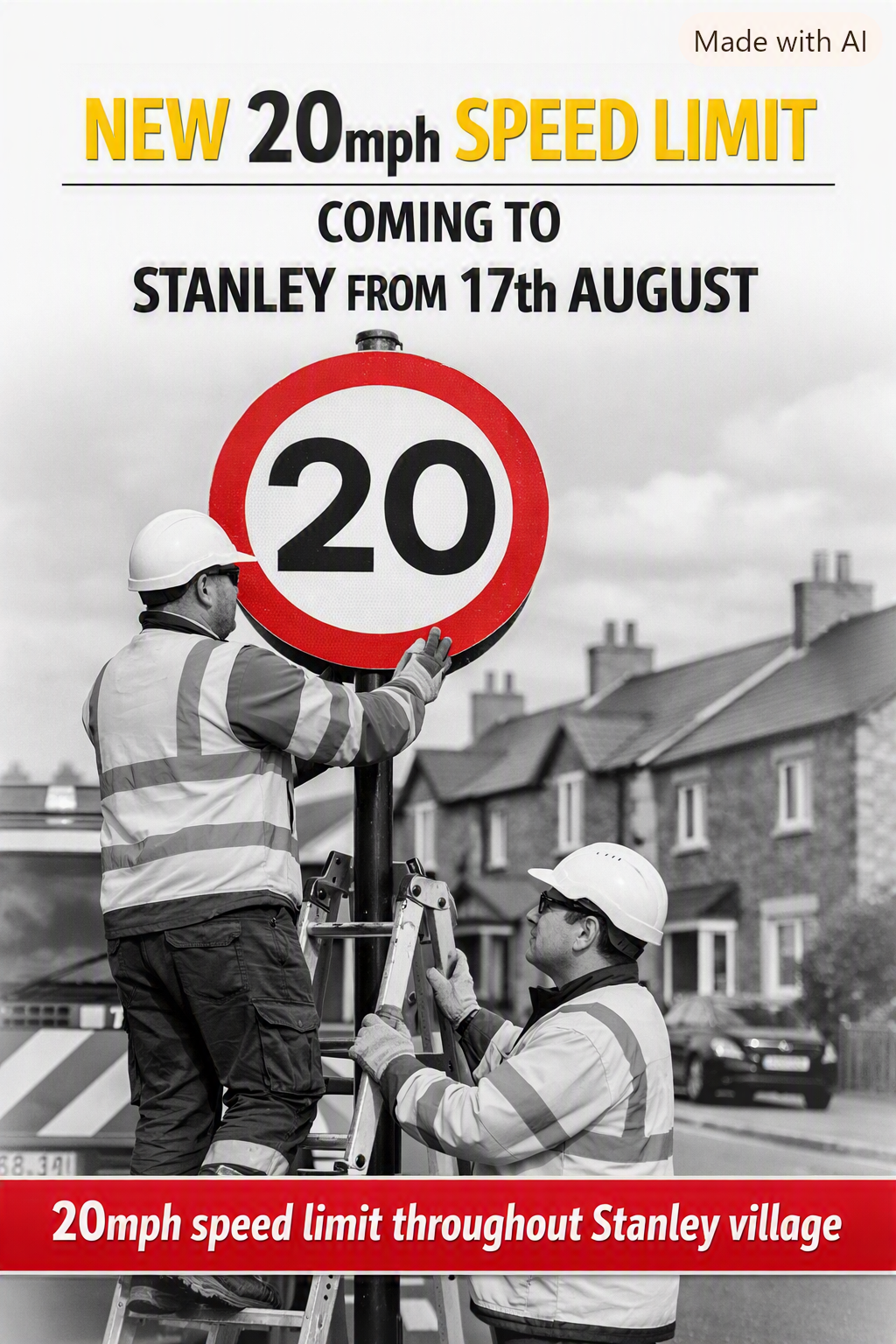 image of 2 workers installing a 20mph speed limit sign