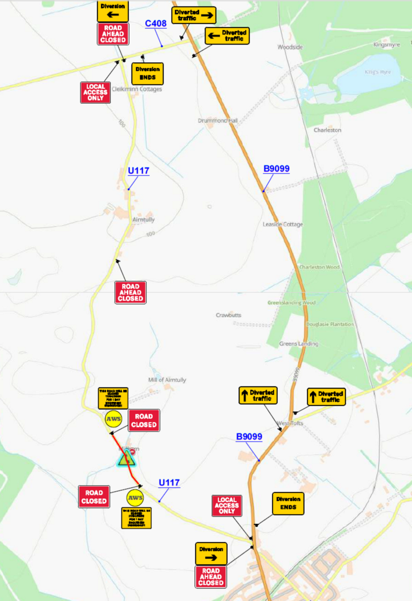 map of roadworks in Airntully April 2026